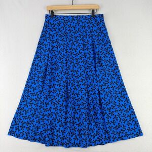 Vintage Bow Print Midi Skirt Womens 14 Blue Mod Pleated A-Line Coquette